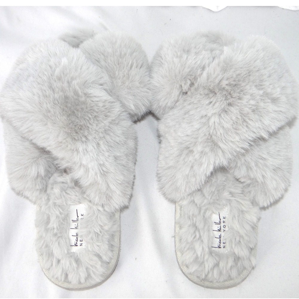 Nicole Miller New York Womens Faux Fur Criss Cross Slippers Grey Size M 6.5-7.5 - Picture 6 of 8